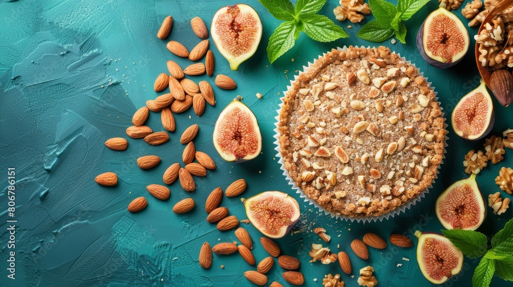 A pie up-close on a table against a blue backdrop, adorned with figs, nuts, and leaves A pie up-close on a table against a blue backdrop, adorned with figs, nuts, and leaves
