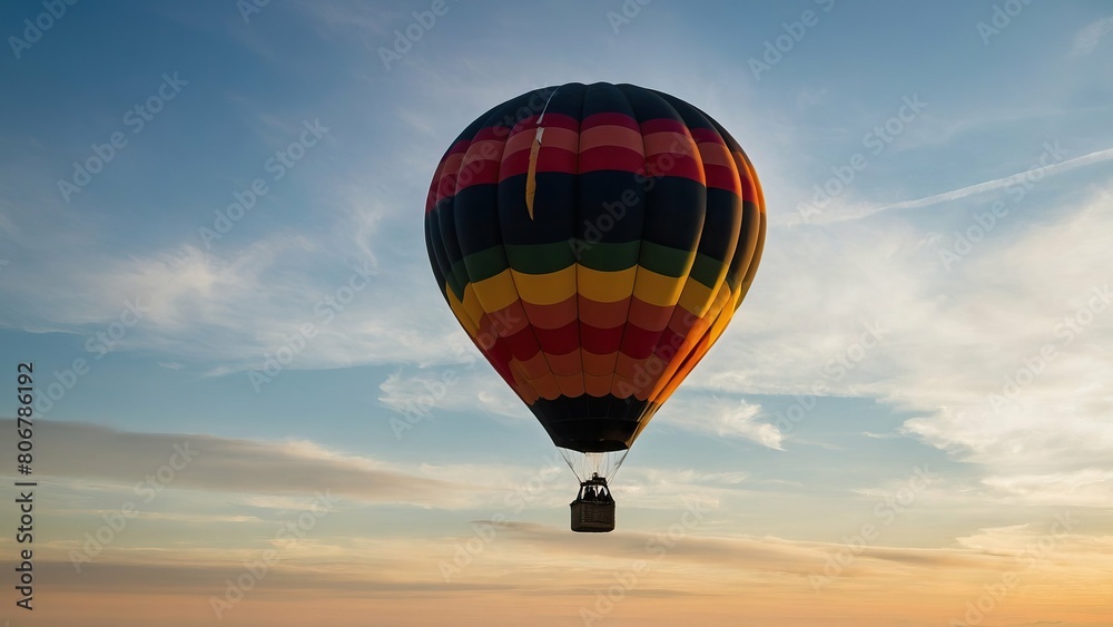 Colorful hot air balloon silhouetted against sunset sky