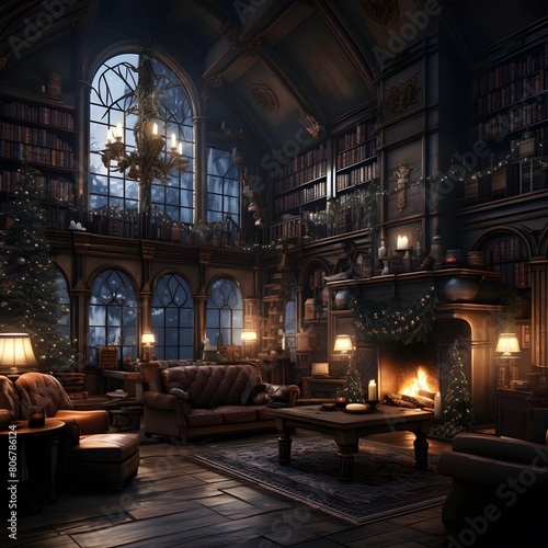 Interior of an old house with a fireplace. 3D rendering