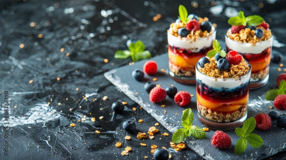  berries, yogurt, and granola garnished with mint leaves