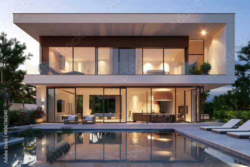 Modern house with pool and terrace, interior design, front view, evening lighting, white walls, glass windows © DESIRED_PIC