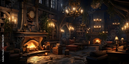 3D rendering of an ancient gothic interior with a fireplace © Michelle