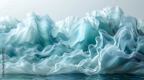 An abstract art piece featuring a vast frosted glass canvas, where light aqua frosting swirls in organic, wave-like patterns, blurring the lines between glass art and the natural flow of water. photo