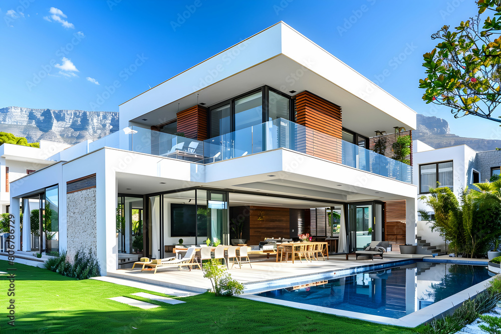 Modern house with white walls, wooden accents and glass balcony, front view, swimming pool in the garden, lawn area