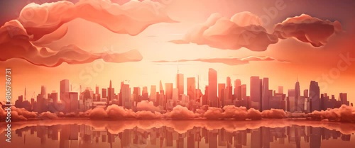 Paper-cut style depiction of a heatwave affecting a city, 3D minimalist render, super blurred urban background, photo