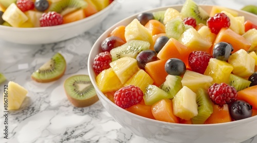   A tight shot of a bowl brimming with kiwis  raspberries  and more kiwis