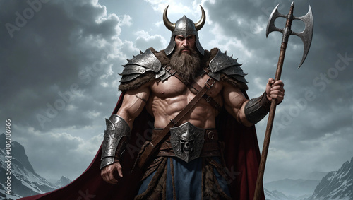 Viking pagan warrior, Norse mythology, beard, battle axe, black cape, horned helmet, smoke and war, high detail, fantasy character illustration, digital art photo