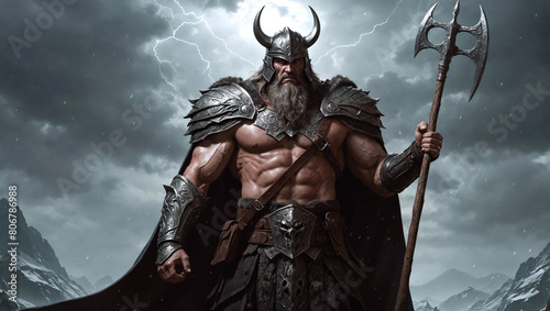 Slavic god of thunder, Norse mythology, bearded king, battle axe and armor and red cape, dark skies and lightning, high detail, fantasy character illustration photo