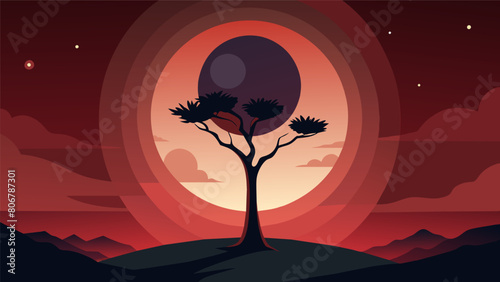 A lone tree standing tall against the backdrop of a stoic eclipse symbolizing inner strength and resilience in the face of dark times.. Vector illustration