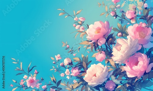 Fototapeta Naklejka Na Ścianę i Meble -  Beautiful floral background with pink peony flowers over blue backdrop, Generative AI 
