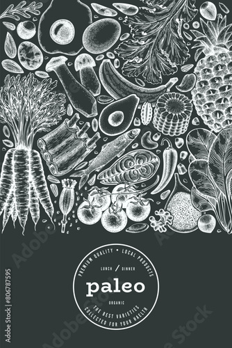 Paleo Diet Chalk Board Design Template. Vector Hand Drawn Healthy Food Banner. Vintage Style Menu Illustration.