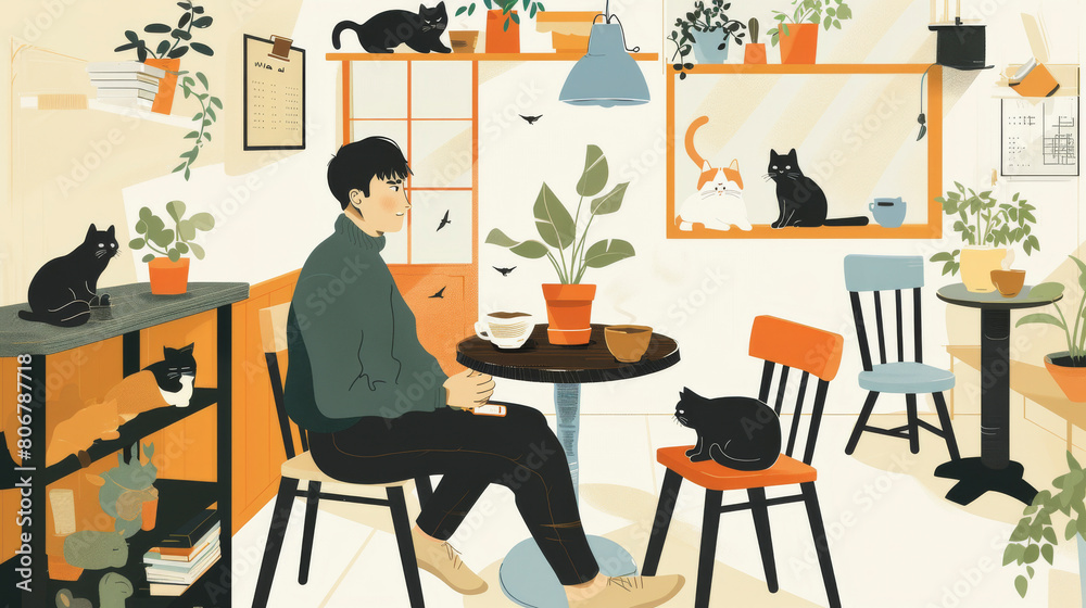 Illustration of a person sitting at a table surrounded by plants and multiple cats, with a cozy, peaceful indoor setting that exudes a serene vibe. Illustration of a person sitting at a table surrounded by plants and multiple cats, with a cozy, peaceful indoor setting that exudes a serene vibe.
