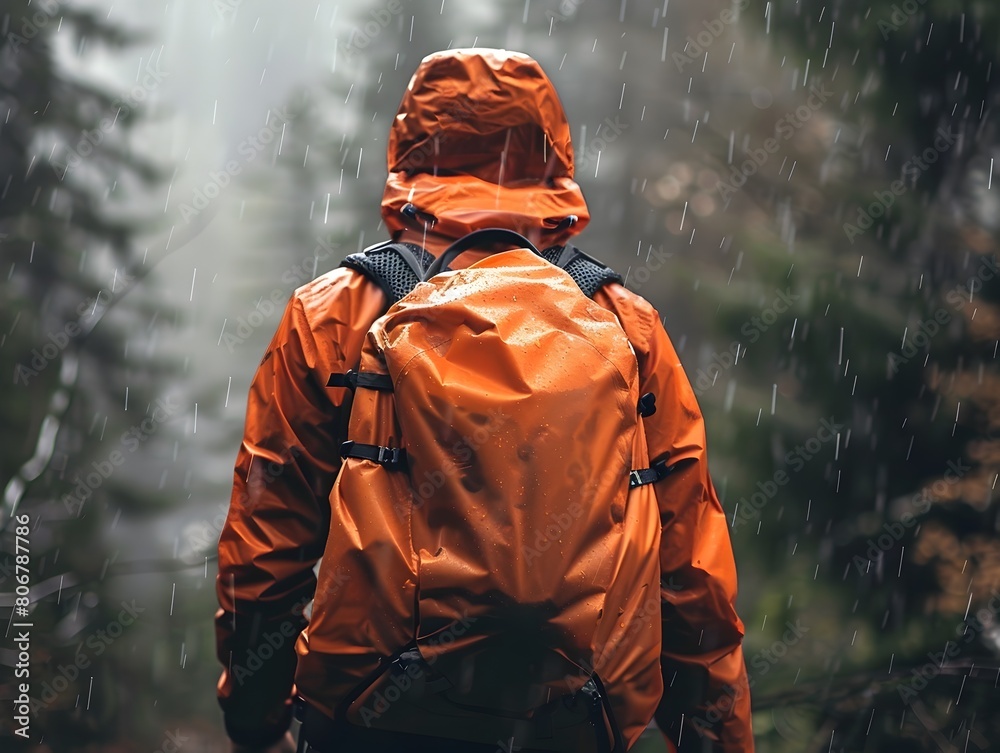 Adventurer Braving the Elements with Weatherproof Backpack in Forest Landscape Adventurer Braving the Elements with Weatherproof Backpack in Forest Landscape