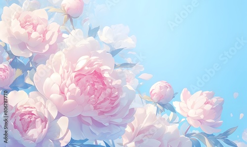 Beautiful floral background with pink peony flowers over blue backdrop  Generative AI 