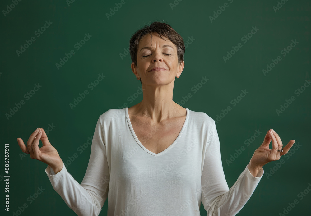 an adult woman with short hair meditating, wearing a white long-sleeved t-shirt and making the O Branch hand gesture with her hands against a green background