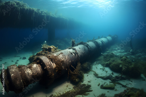 An underwater oil or gas pipeline running across the seabed for maritime transport.