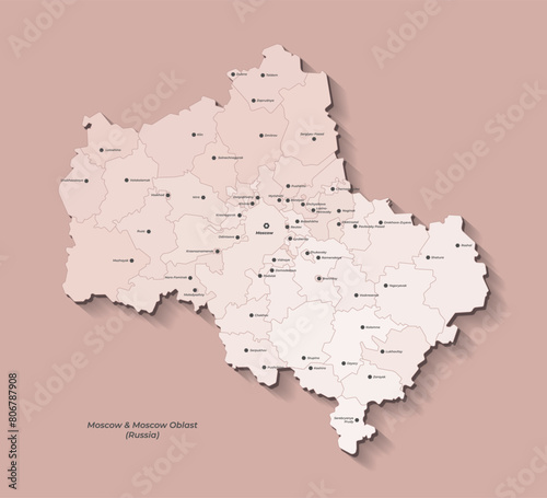 Vector simplified illustration with beige shape of Moscow oblast with capital Moscow map.  Map with administrative division and marked cities. Text in English language