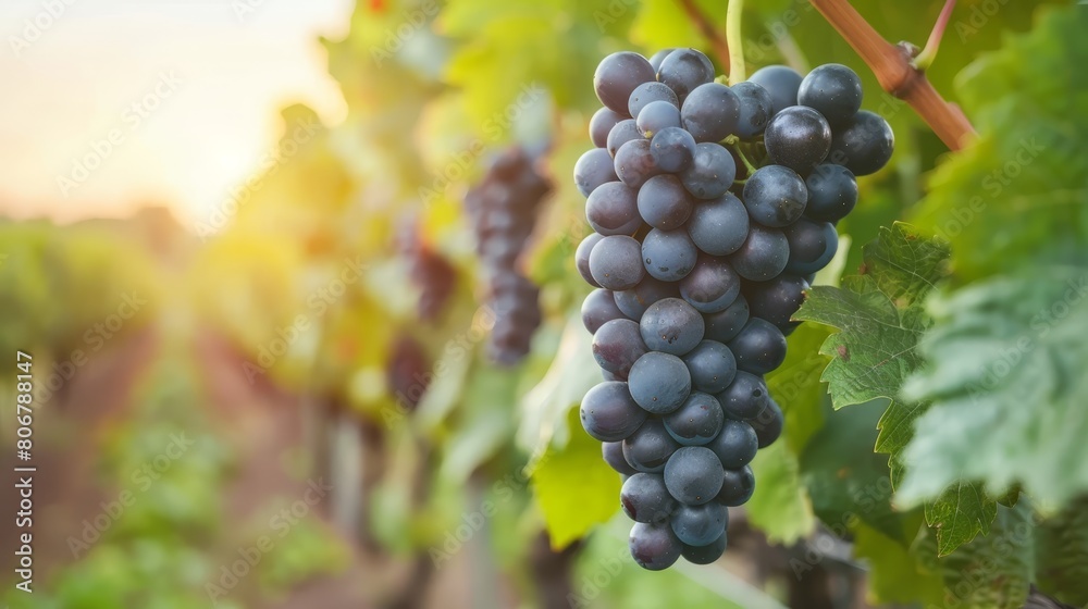 A vine laden with grapes, sun illuminating leaves..Vineyard scene: sun-kissed grapes dangle from vine, leaves aglow.. A vine laden with grapes, sun illuminating leaves..Vineyard scene: sun-kissed grapes dangle from vine, leaves aglow..