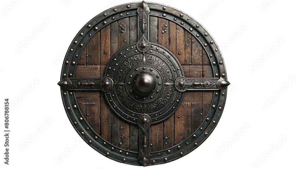 Naklejka premium Medieval wooden shield isolated on white. Old viking wooden shield . 