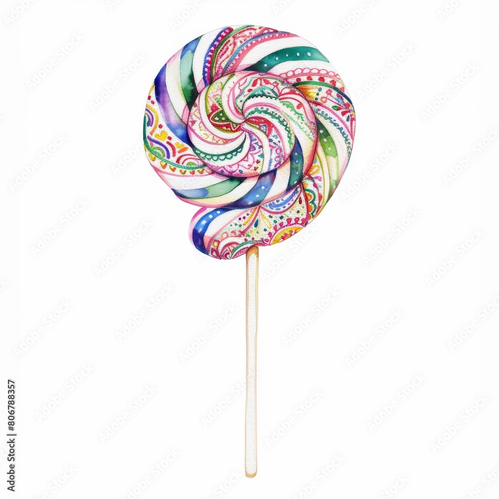 A watercolor painting of a lollipop with a spiral pattern. A watercolor painting of a lollipop with a spiral pattern.
