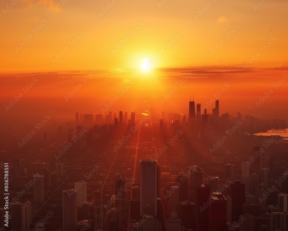 The skyline of a city at sunrise
