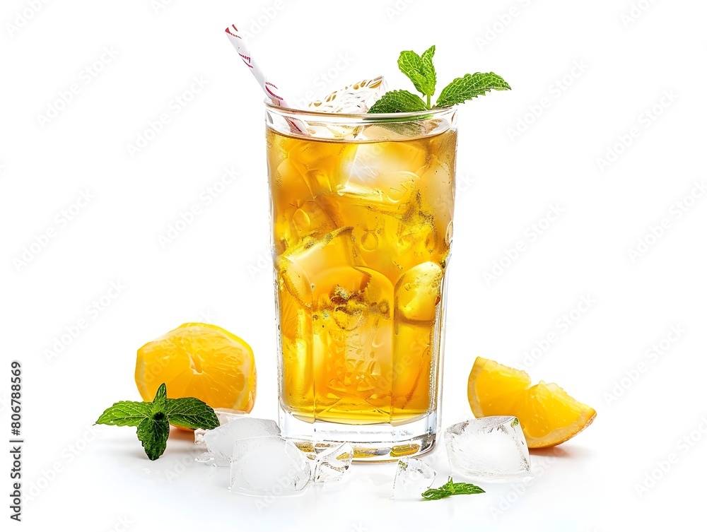 Refreshing Iced Tea with Lemon and Mint on White Background Refreshing Iced Tea with Lemon and Mint on White Background