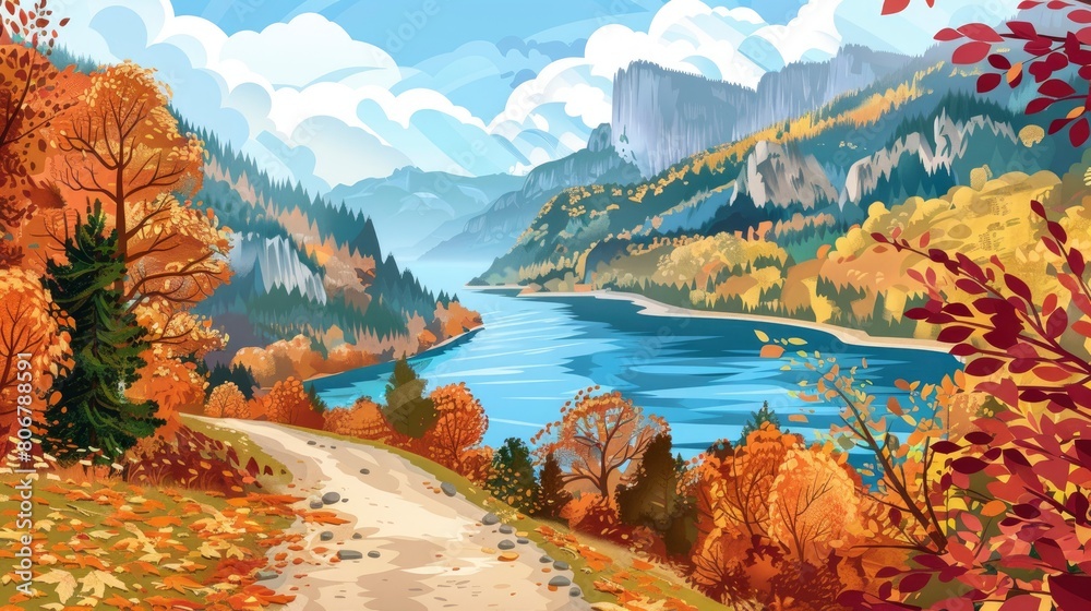 Colorful Autumn Panorama Featuring Vorderer Gosausee Lake, Painted With The Hues Of The Season, Evoking Feelings Of Warmth And Nostalgia, Cartoon Background
