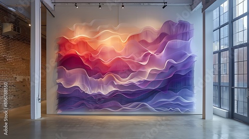 An expansive mural with large, sweeping smears of pastel lilac, creating waves of color that seem to ripple across a large wall, invoking a sense of calm and creativity. photo