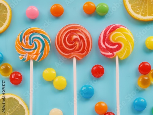 Colorful lollipops and lemon slices on a blue background photo