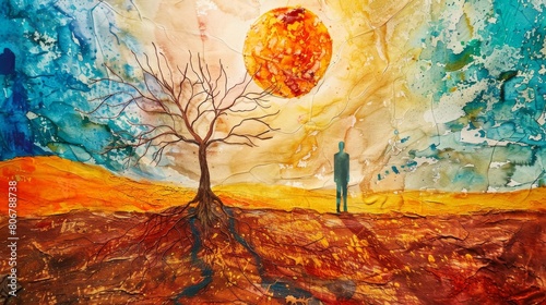 A lonely tree stands in a desert with a large sun in the sky. photo