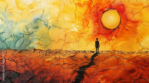 Oil painting of a lonely man walking through a desert towards a setting sun.