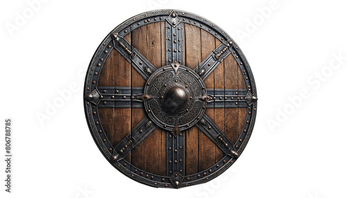 Medieval wooden shield isolated on white. Old viking wooden shield . 