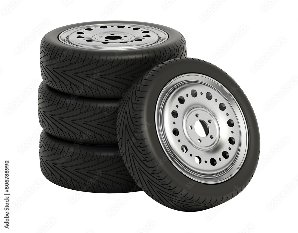 Car tires and wheels isolated on transparent background. 3D illustration Car tires and wheels isolated on transparent background. 3D illustration