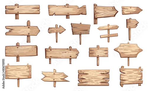 Blank wooden planks or signboards set. Signs for messages or pointers with arrow. Pathfinders