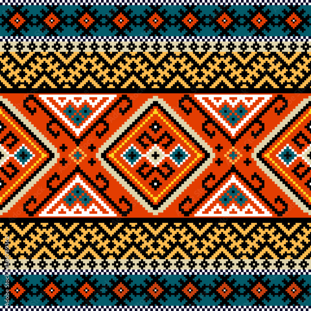Geometric Ethnic Patterns. Native American tribal fabric, Pixel Horizontal Seamless ,Vector illustration design. Geometric Ethnic Patterns. Native American tribal fabric, Pixel Horizontal Seamless ,Vector illustration design.