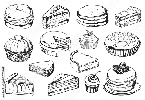 Different bakery items. Sweets. Simple hand drawn doodle style