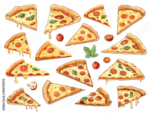 Different angle pizza pieces set with melted cheese. Italian tasty food vector set
