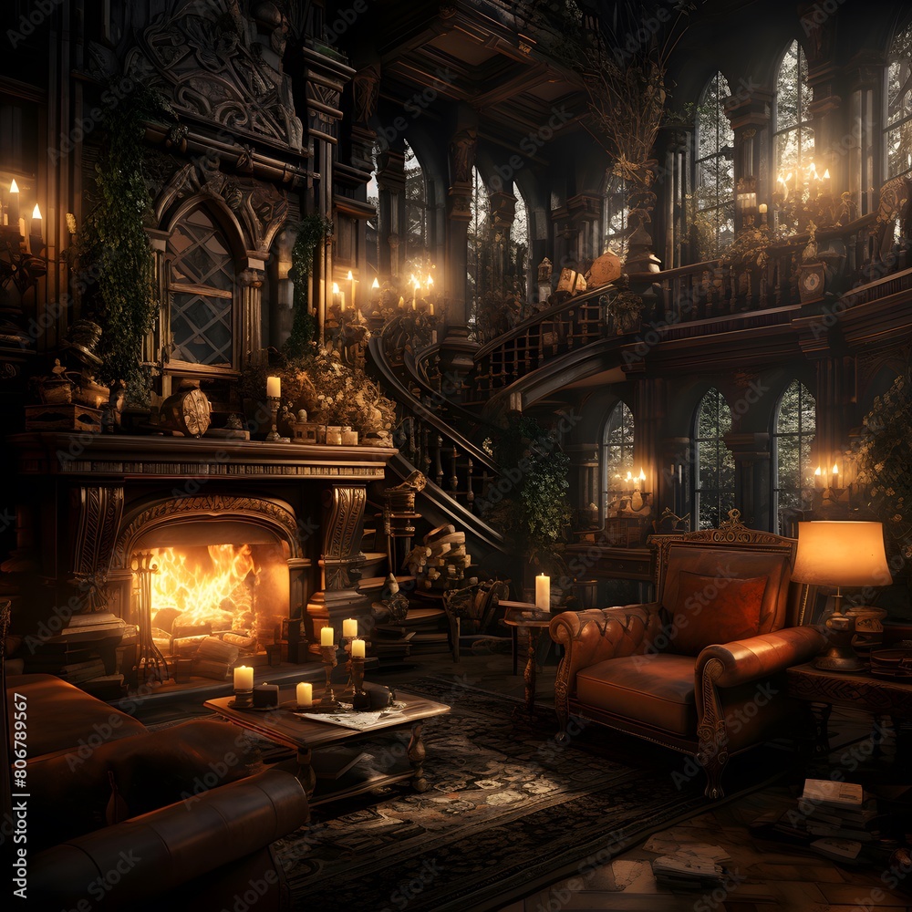 Interior of a dark room with a fireplace and armchairs.