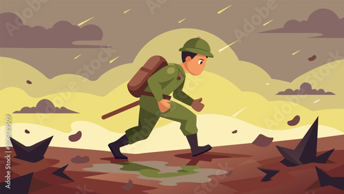 A soldier trudging through mud and debris refusing to give up in the face of war.. Vector illustration