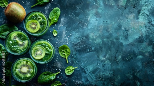   A vibrant green smoothie featuring kiwi, spinach, and spinach leaves against a calming blue backdrop Text here photo