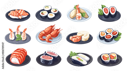 Different sea food plates. Shrimp crayfish sushi. Simple cartoon flat style