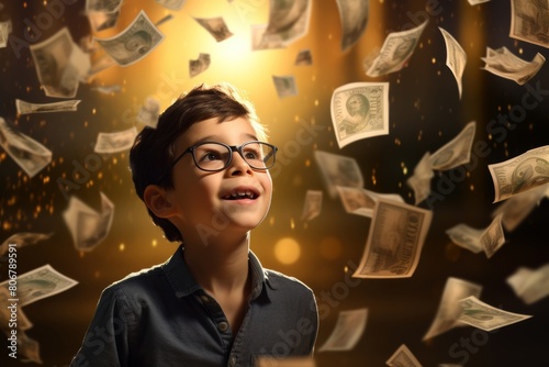 a child stands beneath a shower of money, their delighted expression bathed in a gentle, warm light, capturing the enchanting blend of innocence and excitement