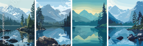 Landscape mountain lake posters set