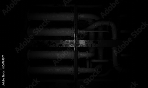 Aerial view of steel pipe in dark scene science fiction general base of operations 3d render wallpaper background
