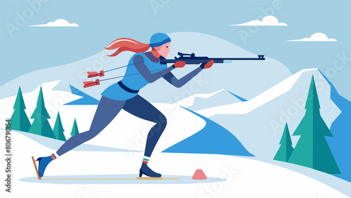 As the clock ticks down a biathlete speeds through the snowy course her concentration on the targets never faltering as she aims for a personal best.. Vector illustration