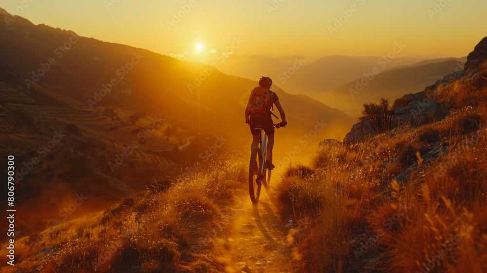 A cyclist in a red jersey rides along a mountain trail at sunset, with a breathtaking view of layered hills and golden sky.