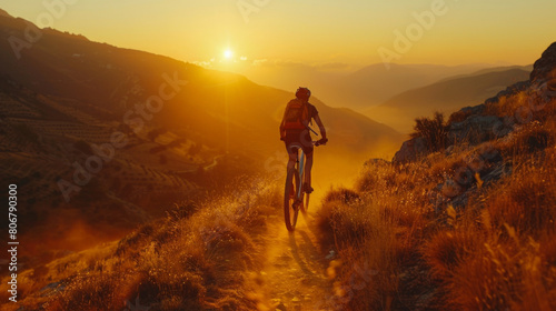 A cyclist in a red jersey rides along a mountain trail at sunset, with a breathtaking view of layered hills and golden sky. © khonkangrua