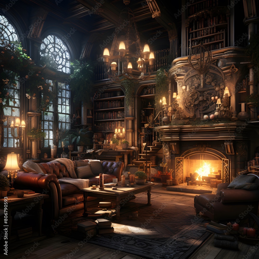 Interior of a house with fireplace and armchairs, 3d render