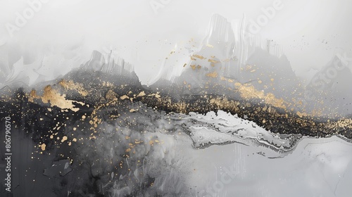 Abstract black, white and gold painting art with brush strokes in the style of abstract expressionism.