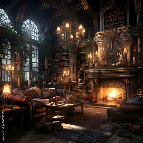 Interior of a house with fireplace and armchairs, 3d render